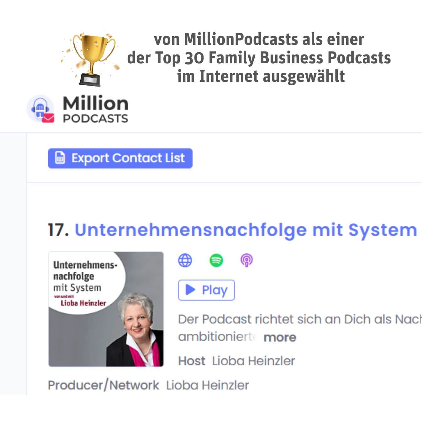 von MillionPodcasts als einer  der Top 30 Family Business Podcasts  im Internet ausgewählt von MillionPodcasts als einer<br />
der Top 30 Family Business Podcasts<br />
im Internet ausgewählt
